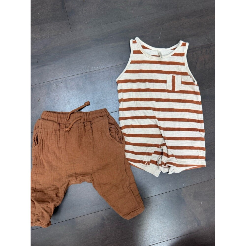 Rylee + Cru Striped romper and brown pants set 3/6 Months
